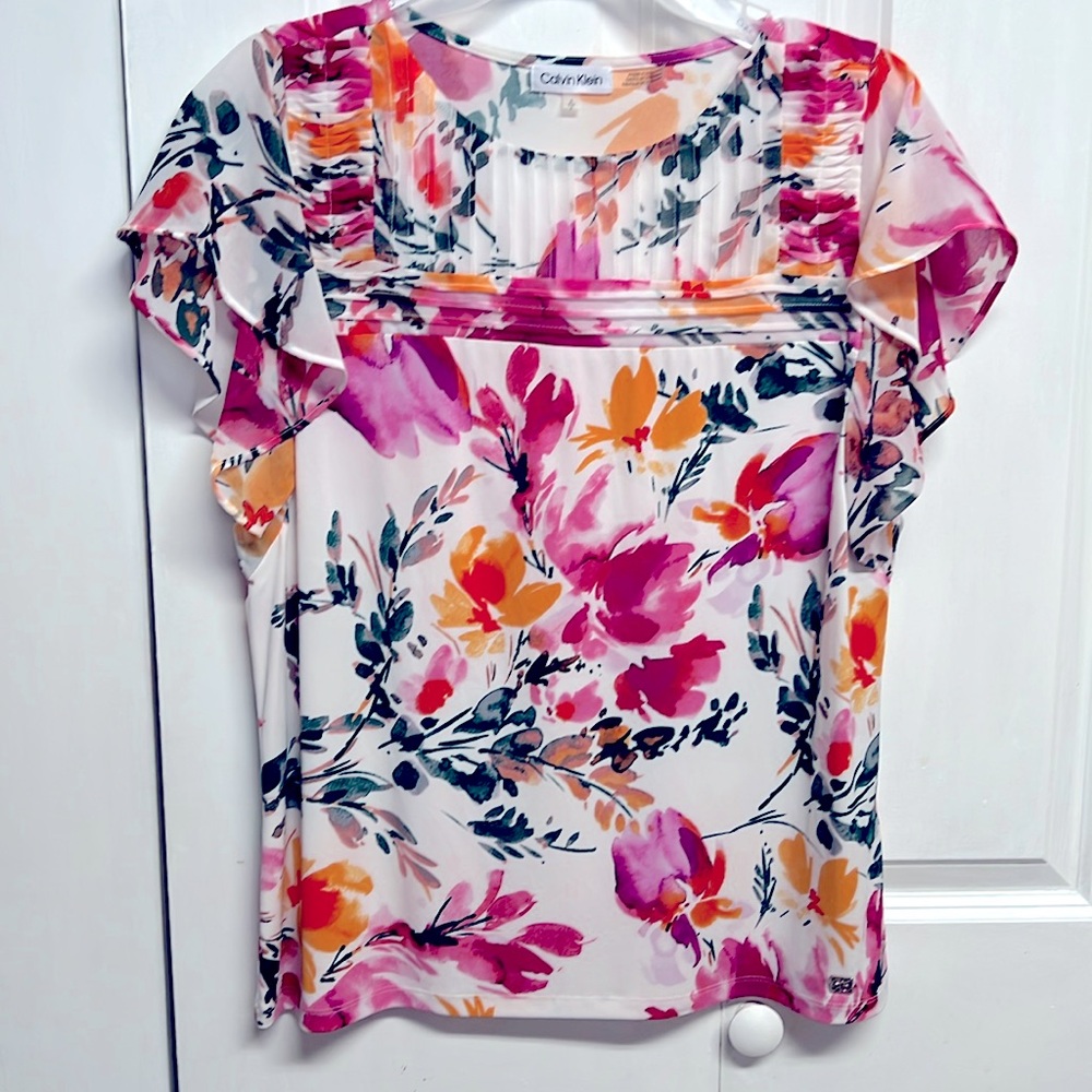 Calvin Klein White Pink Floral Fluter Sleeve Top Size S